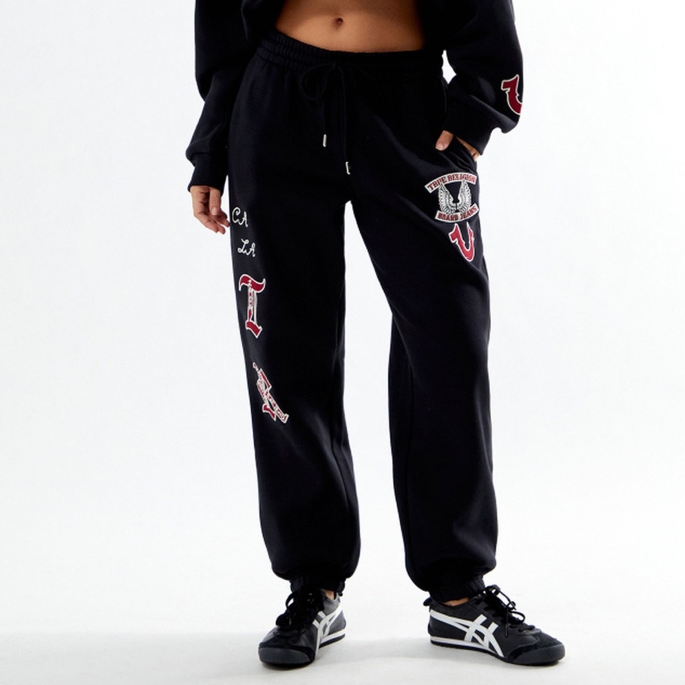True Religion Black Sweatpants with Red & White Logo Patches